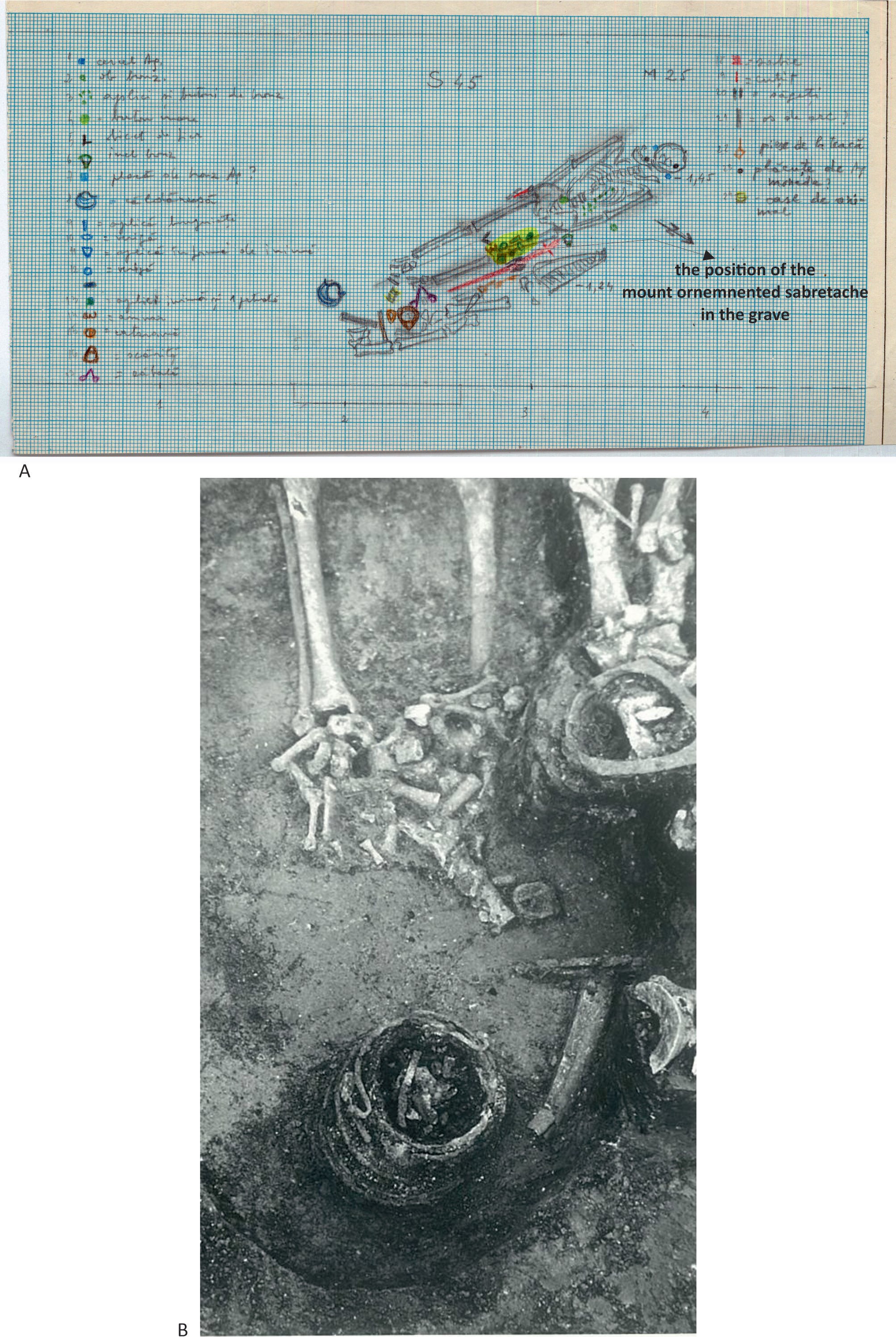 Plate 2. A. Cluj-Napoca-Plugarilor street, grave no. 25; B. Photo of apart of the grave: horse bones, bone arms
of the bow, and the wooden bucket with the iron handle.